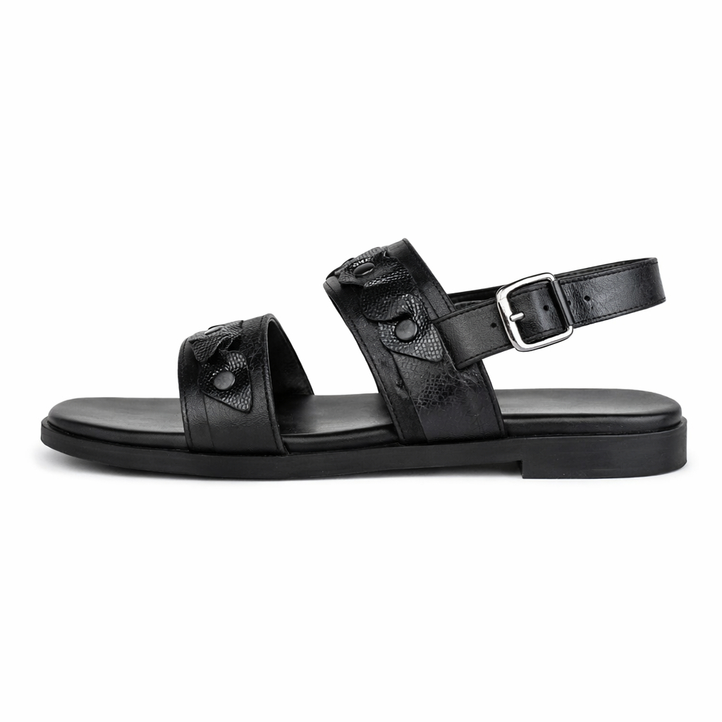 Mens Black Double Strap Leather Slide Sandals